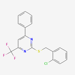 molecular formula C18H12ClF3N2S B12264782 2-[(2-Chlorobenzyl)sulfanyl]-4-phenyl-6-(trifluoromethyl)pyrimidine 