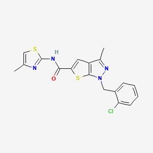 molecular formula C18H15ClN4OS2 B1226550 1-[(2-chlorophenyl)methyl]-3-methyl-N-(4-methyl-2-thiazolyl)-5-thieno[2,3-c]pyrazolecarboxamide 