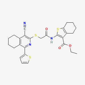 Ethyl 2-(2-{[4-cyano-1-(thiophen-2-YL)-5,6,7,8-tetrahydroisoquinolin-3-YL]sulfanyl}acetamido)-4,5,6,7-tetrahydro-1-benzothiophene-3-carboxylate