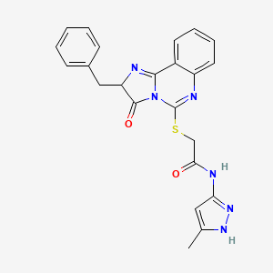 molecular formula C23H20N6O2S B1226606 N-(5-methyl-1H-pyrazol-3-yl)-2-[[3-oxo-2-(phenylmethyl)-2H-imidazo[1,2-c]quinazolin-5-yl]thio]acetamide 