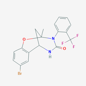 molecular formula C18H14BrF3N2O2 B12266309 4-Bromo-9-methyl-10-[2-(trifluoromethyl)phenyl]-8-oxa-10,12-diazatricyclo[7.3.1.02,7]trideca-2(7),3,5-trien-11-one 