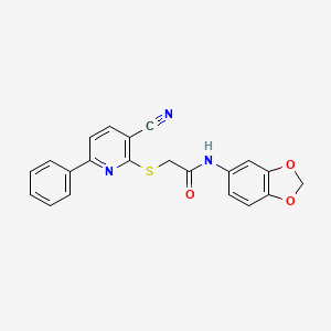 molecular formula C21H15N3O3S B12266463 N-(2H-1,3-Benzodioxol-5-YL)-2-[(3-cyano-6-phenylpyridin-2-YL)sulfanyl]acetamide 