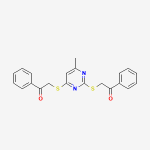 molecular formula C21H18N2O2S2 B12266553 2-[6-Methyl-2-(2-oxo-2-phenyl-ethylsulfanyl)-pyrimidin-4-ylsulfanyl]-1-phenyl-ethanone 