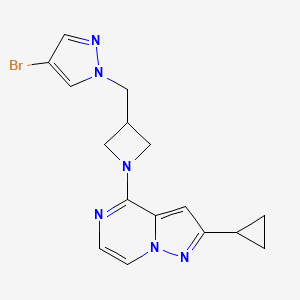 molecular formula C16H17BrN6 B12266669 4-bromo-1-[(1-{2-cyclopropylpyrazolo[1,5-a]pyrazin-4-yl}azetidin-3-yl)methyl]-1H-pyrazole 