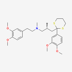 molecular formula C27H39NO4S2 B1226759 1,3-Dithiane-2-propanamine, 2-(3,4-dimethoxyphenyl)-N-(2-(3,4-dimethoxyphenyl)ethyl)-N,beta-dimethyl-, (R)- CAS No. 168037-92-1