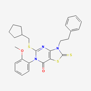 molecular formula C26H27N3O2S3 B12267895 5-[(cyclopentylmethyl)sulfanyl]-6-(2-methoxyphenyl)-3-(2-phenylethyl)-2-sulfanylidene-2H,3H,6H,7H-[1,3]thiazolo[4,5-d]pyrimidin-7-one 