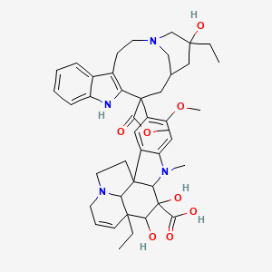 molecular formula C43H54N4O8 B1226798 15-[5-Ethyl-5-hydroxy-9-(methoxycarbonyl)-1,4,5,6,7,8,9,10-octahydro-2H-3,7-methanoazacycloundecino[5,4-b]indol-9-yl]-3,4-dihydroxy-16-methoxy-1-methyl-6,7-didehydroaspidospermidine-3-carboxylic acid 