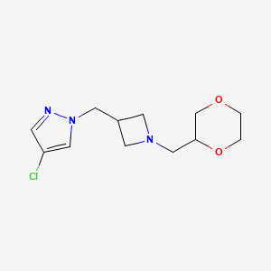 molecular formula C12H18ClN3O2 B12268034 4-chloro-1-({1-[(1,4-dioxan-2-yl)methyl]azetidin-3-yl}methyl)-1H-pyrazole 