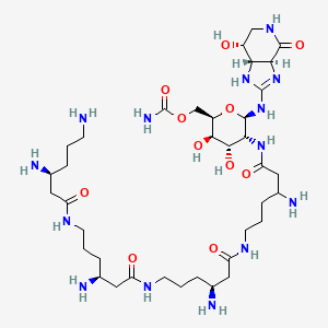molecular formula C37H70N14O11 B1226891 [(2R,3R,4S,5R,6R)-6-[[(3aS,7R,7aS)-7-hydroxy-4-oxo-1,3a,5,6,7,7a-hexahydroimidazo[4,5-c]pyridin-2-yl]amino]-5-[[3-amino-6-[[(3S)-3-amino-6-[[(3S)-3-amino-6-[[(3S)-3,6-diaminohexanoyl]amino]hexanoyl]amino]hexanoyl]amino]hexanoyl]amino]-3,4-dihydroxyoxan-2-yl]methyl carbamate CAS No. 182410-79-3