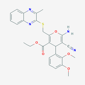 molecular formula C27H26N4O5S B12269672 Ethyl 6-amino-5-cyano-4-(2,3-dimethoxyphenyl)-2-{[(3-methylquinoxalin-2-YL)sulfanyl]methyl}-4H-pyran-3-carboxylate 