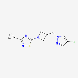 molecular formula C12H14ClN5S B12270018 5-{3-[(4-chloro-1H-pyrazol-1-yl)methyl]azetidin-1-yl}-3-cyclopropyl-1,2,4-thiadiazole 