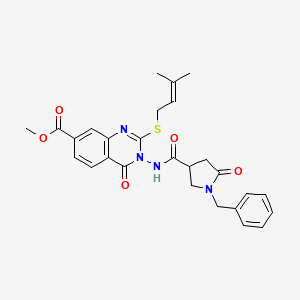 molecular formula C27H28N4O5S B12270079 Methyl 3-(1-benzyl-5-oxopyrrolidine-3-amido)-2-[(3-methylbut-2-en-1-yl)sulfanyl]-4-oxo-3,4-dihydroquinazoline-7-carboxylate 