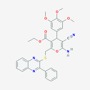 molecular formula C33H30N4O6S B12270587 Ethyl 6-amino-5-cyano-2-{[(3-phenylquinoxalin-2-YL)sulfanyl]methyl}-4-(3,4,5-trimethoxyphenyl)-4H-pyran-3-carboxylate 