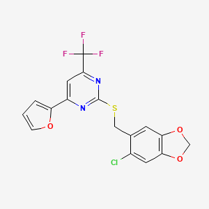 molecular formula C17H10ClF3N2O3S B12270756 2-{[(6-Chloro-1,3-benzodioxol-5-yl)methyl]sulfanyl}-4-(furan-2-yl)-6-(trifluoromethyl)pyrimidine 