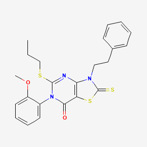 molecular formula C23H23N3O2S3 B12271200 6-(2-methoxyphenyl)-3-(2-phenylethyl)-5-(propylsulfanyl)-2-sulfanylidene-2H,3H,6H,7H-[1,3]thiazolo[4,5-d]pyrimidin-7-one 