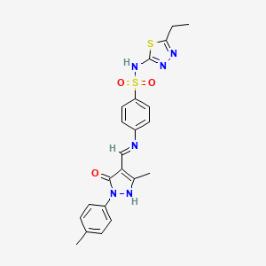 molecular formula C22H22N6O3S2 B1227123 N-(5-ethyl-1,3,4-thiadiazol-2-yl)-4-({[3-methyl-1-(4-methylphenyl)-5-oxo-1,5-dihydro-4H-pyrazol-4-ylidene]methyl}amino)benzenesulfonamide 