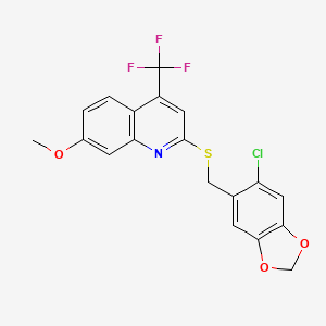 2-{[(6-Chloro-1,3-benzodioxol-5-yl)methyl]sulfanyl}-7-methoxy-4-(trifluoromethyl)quinoline