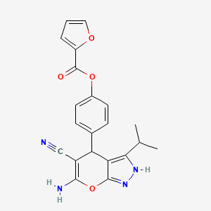 molecular formula C21H18N4O4 B1227417 2-Furancarboxylic acid [4-(6-amino-5-cyano-3-propan-2-yl-2,4-dihydropyrano[2,3-c]pyrazol-4-yl)phenyl] ester 