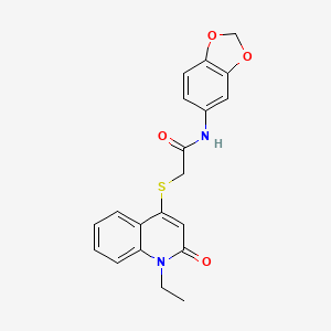 molecular formula C20H18N2O4S B1227516 N-(1,3-benzodioxol-5-yl)-2-[(1-ethyl-2-oxo-4-quinolinyl)thio]acetamide 
