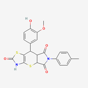 molecular formula C22H18N2O5S2 B1227528 8-(4-Hydroxy-3-methoxyphenyl)-6-(4-methylphenyl)-3,4a,7a,8-tetrahydropyrrolo[2,3]thiopyrano[4,5-b]thiazole-2,5,7-trione 
