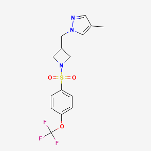 molecular formula C15H16F3N3O3S B12275568 4-methyl-1-({1-[4-(trifluoromethoxy)benzenesulfonyl]azetidin-3-yl}methyl)-1H-pyrazole 