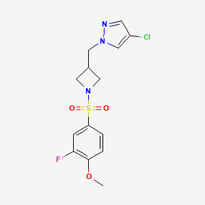 molecular formula C14H15ClFN3O3S B12275592 4-chloro-1-{[1-(3-fluoro-4-methoxybenzenesulfonyl)azetidin-3-yl]methyl}-1H-pyrazole 