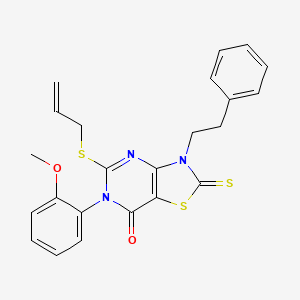 molecular formula C23H21N3O2S3 B12275692 6-(2-methoxyphenyl)-3-(2-phenylethyl)-5-(prop-2-en-1-ylsulfanyl)-2-sulfanylidene-2H,3H,6H,7H-[1,3]thiazolo[4,5-d]pyrimidin-7-one 