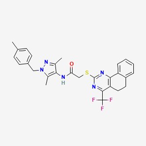 molecular formula C28H26F3N5OS B1227686 N-[3,5-dimethyl-1-[(4-methylphenyl)methyl]-4-pyrazolyl]-2-[[4-(trifluoromethyl)-5,6-dihydrobenzo[h]quinazolin-2-yl]thio]acetamide 