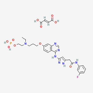 molecular formula C30H35FN7O10P B12276934 (E)-but-2-enedioic acid;2-[ethyl-[3-[4-[[5-[2-(3-fluoroanilino)-2-oxoethyl]-1H-pyrazol-3-yl]amino]quinazolin-7-yl]oxypropyl]amino]ethyl dihydrogen phosphate 