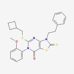 molecular formula C25H25N3O2S3 B12277388 5-[(cyclobutylmethyl)sulfanyl]-6-(2-methoxyphenyl)-3-(2-phenylethyl)-2-sulfanylidene-2H,3H,6H,7H-[1,3]thiazolo[4,5-d]pyrimidin-7-one 