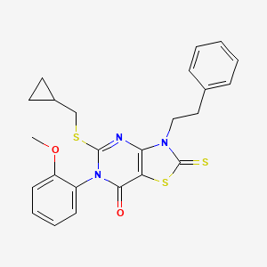 molecular formula C24H23N3O2S3 B12277486 5-[(cyclopropylmethyl)sulfanyl]-6-(2-methoxyphenyl)-3-(2-phenylethyl)-2-sulfanylidene-2H,3H,6H,7H-[1,3]thiazolo[4,5-d]pyrimidin-7-one 