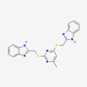 molecular formula C21H18N6S2 B12277662 2-{[(4-{[(1H-1,3-benzodiazol-2-yl)methyl]sulfanyl}-6-methylpyrimidin-2-yl)sulfanyl]methyl}-1H-1,3-benzodiazole 