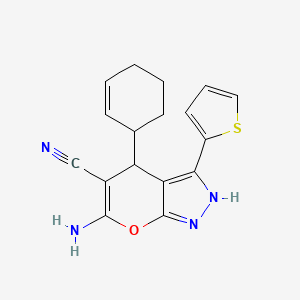 molecular formula C17H16N4OS B1228009 6-Amino-4-(1-cyclohex-2-enyl)-3-thiophen-2-yl-2,4-dihydropyrano[2,3-c]pyrazole-5-carbonitrile 