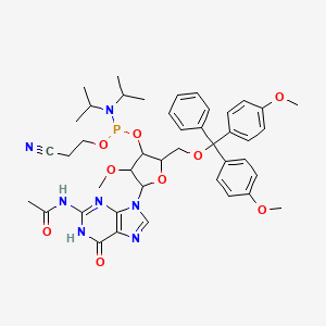 molecular formula C43H52N7O9P B12281543 N-[9-[5-[[bis(4-methoxyphenyl)-phenylmethoxy]methyl]-4-[2-cyanoethoxy-[di(propan-2-yl)amino]phosphanyl]oxy-3-methoxyoxolan-2-yl]-6-oxo-1H-purin-2-yl]acetamide 