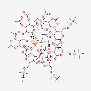 molecular formula C112H196O49Si7 B12282158 [37,38,39,40,41,42,43,44,45,46,47,48,49-Tridecaacetyloxy-5,10,15,20,25,30,35-heptakis[[tert-butyl(dimethyl)silyl]oxymethyl]-2,4,7,9,12,14,17,19,22,24,27,29,32,34-tetradecaoxaoctacyclo[31.2.2.23,6.28,11.213,16.218,21.223,26.228,31]nonatetracontan-36-yl] acetate 