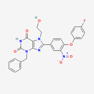 molecular formula C26H20FN5O6 B1228250 8-[4-(4-Fluorophenoxy)-3-nitrophenyl]-7-(2-hydroxyethyl)-3-(phenylmethyl)purine-2,6-dione 