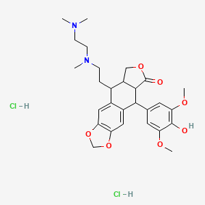 molecular formula C28H38Cl2N2O7 B12284723 9-[2-[2-(dimethylamino)ethyl-methylamino]ethyl]-5-(4-hydroxy-3,5-dimethoxyphenyl)-5a,8,8a,9-tetrahydro-5H-[2]benzofuro[6,5-f][1,3]benzodioxol-6-one;dihydrochloride 