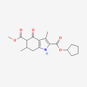 molecular formula C18H23NO5 B1228567 2-cyclopentyl 5-methyl 3,6-dimethyl-4-oxo-4,5,6,7-tetrahydro-1H-indole-2,5-dicarboxylate 