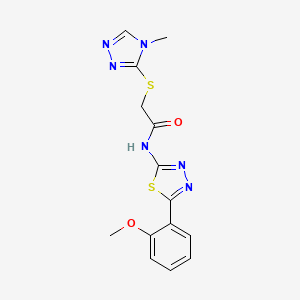 molecular formula C14H14N6O2S2 B1228575 N-[5-(2-methoxyphenyl)-1,3,4-thiadiazol-2-yl]-2-[(4-methyl-1,2,4-triazol-3-yl)thio]acetamide 