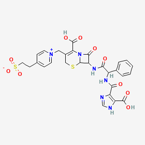 molecular formula C28H26N6O10S2 B12286162 2-[1-[[2-carboxy-7-[[2-[(5-carboxy-1H-imidazole-4-carbonyl)amino]-2-phenylacetyl]amino]-8-oxo-5-thia-1-azabicyclo[4.2.0]oct-2-en-3-yl]methyl]pyridin-1-ium-4-yl]ethanesulfonate 