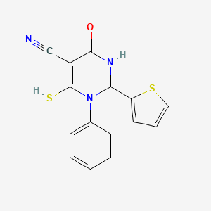molecular formula C15H11N3OS2 B1228800 4-Mercapto-6-oxo-3-phenyl-2-thiophen-2-yl-1,2-dihydropyrimidine-5-carbonitrile 