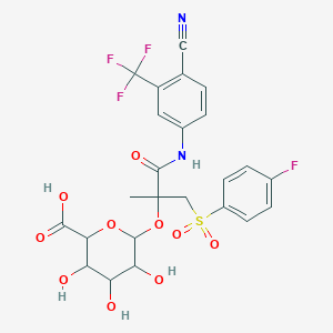 molecular formula C24H22F4N2O10S B12288972 6-[1-[4-Cyano-3-(trifluoromethyl)anilino]-3-(4-fluorophenyl)sulfonyl-2-methyl-1-oxopropan-2-yl]oxy-3,4,5-trihydroxyoxane-2-carboxylic acid 