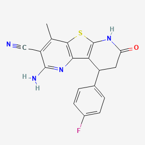 molecular formula C18H13FN4OS B1229006 2-Amino-9-(4-fluorophenyl)-4-methyl-7-oxo-6,7,8,9-tetrahydrothieno[2,3-b:4,5-b']dipyridine-3-carbonitrile 