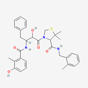 molecular formula C32H37N3O5S B1229219 3-[2-Hydroxy-3-[(3-hydroxy-2-methylbenzoyl)amino]-1-oxo-4-phenylbutyl]-5,5-dimethyl-N-[(2-methylphenyl)methyl]-4-thiazolidinecarboxamide 