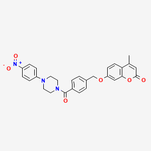 molecular formula C28H25N3O6 B1229222 4-Methyl-7-[[4-[[4-(4-nitrophenyl)-1-piperazinyl]-oxomethyl]phenyl]methoxy]-1-benzopyran-2-one 