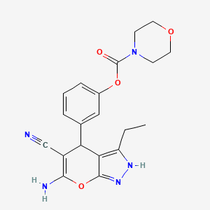 molecular formula C20H21N5O4 B1229258 4-Morpholinecarboxylic acid [3-(6-amino-5-cyano-3-ethyl-2,4-dihydropyrano[2,3-c]pyrazol-4-yl)phenyl] ester 