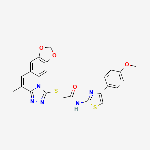 molecular formula C24H19N5O4S2 B1229370 N-[4-(4-methoxyphenyl)-1,3-thiazol-2-yl]-2-[(7-methyl-12,14-dioxa-2,4,5-triazatetracyclo[7.7.0.02,6.011,15]hexadeca-1(16),3,5,7,9,11(15)-hexaen-3-yl)sulfanyl]acetamide 