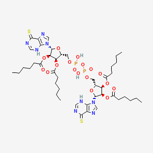 molecular formula C44H64N8O17P2S2 B1229465 P(1),P(2)-Bis(O(2'),O(3')-dihexanoyl-6-mercaptopurine-9 beta-ribofuranoside)-5'-pyrophosphate CAS No. 83385-95-9