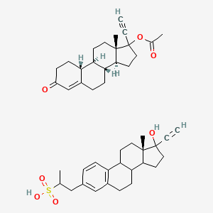 molecular formula C45H58O7S B1229475 1-[17-Hydroxy-19-norpregna-1,3,5(10)-trien-20-yn-3-yl]propane-2-sulfonic acid--3-oxo-19-norpregn-4-en-20-yn-17-yl acetate (1/1) 