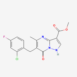 molecular formula C16H13ClFN3O3 B1229484 6-[(2-chloro-4-fluorophenyl)methyl]-5-methyl-7-oxo-1H-pyrazolo[1,5-a]pyrimidine-3-carboxylic acid methyl ester 